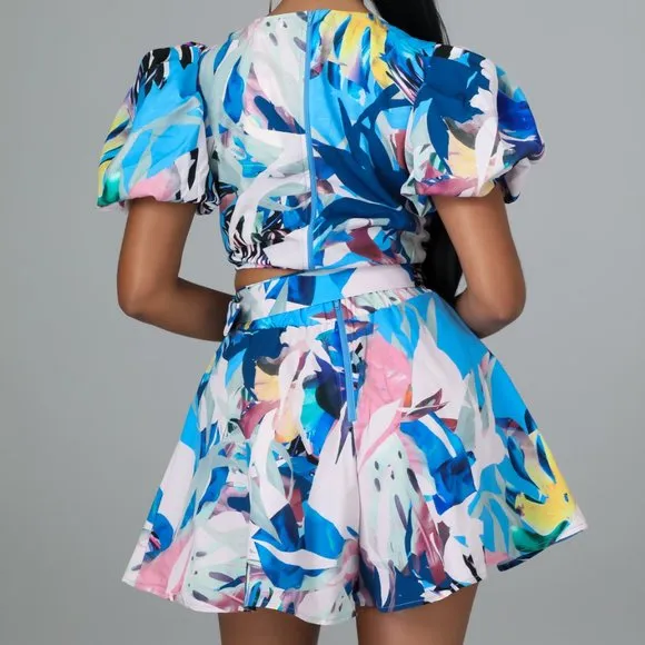 2pc Blue Multi-Colored Shorts Set