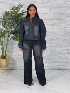 9469 9468P - DENIM DISTRESSED JACKET&FRAYED PANTS SET