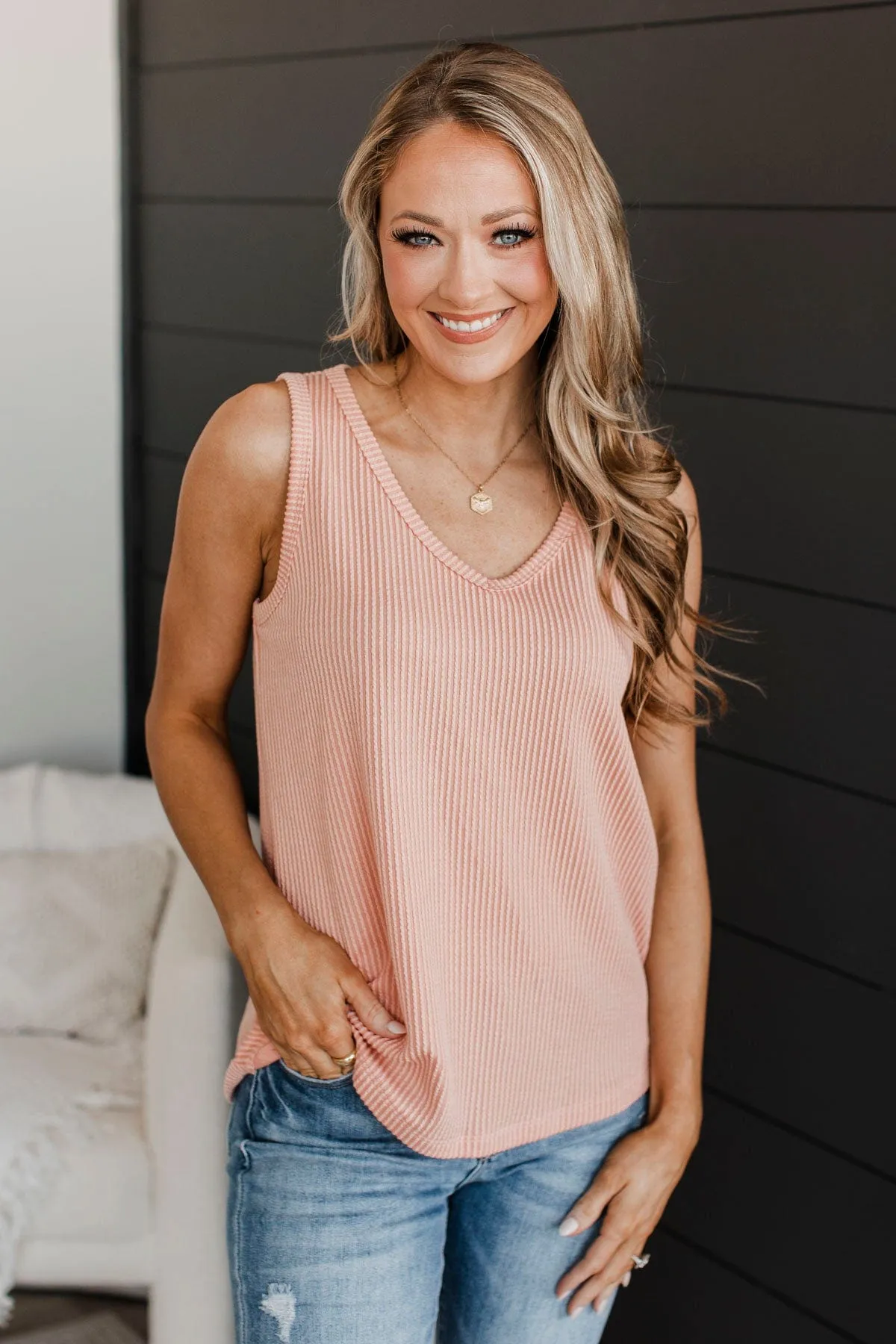 Always Adorable Ribbed Tank Top- Peach
