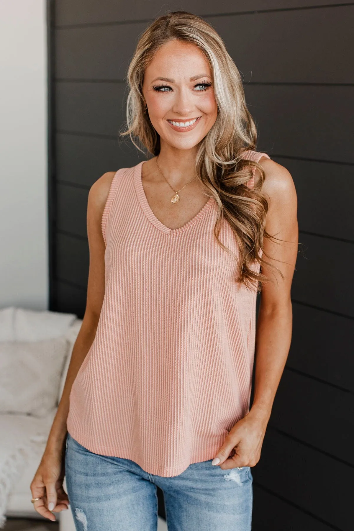 Always Adorable Ribbed Tank Top- Peach