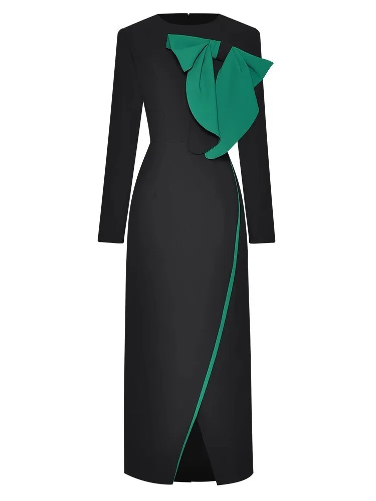 Anne Early Autumn Pencil  O-Neck  Long Sleeve Bow Office Lady Slit Package Buttocks Dress