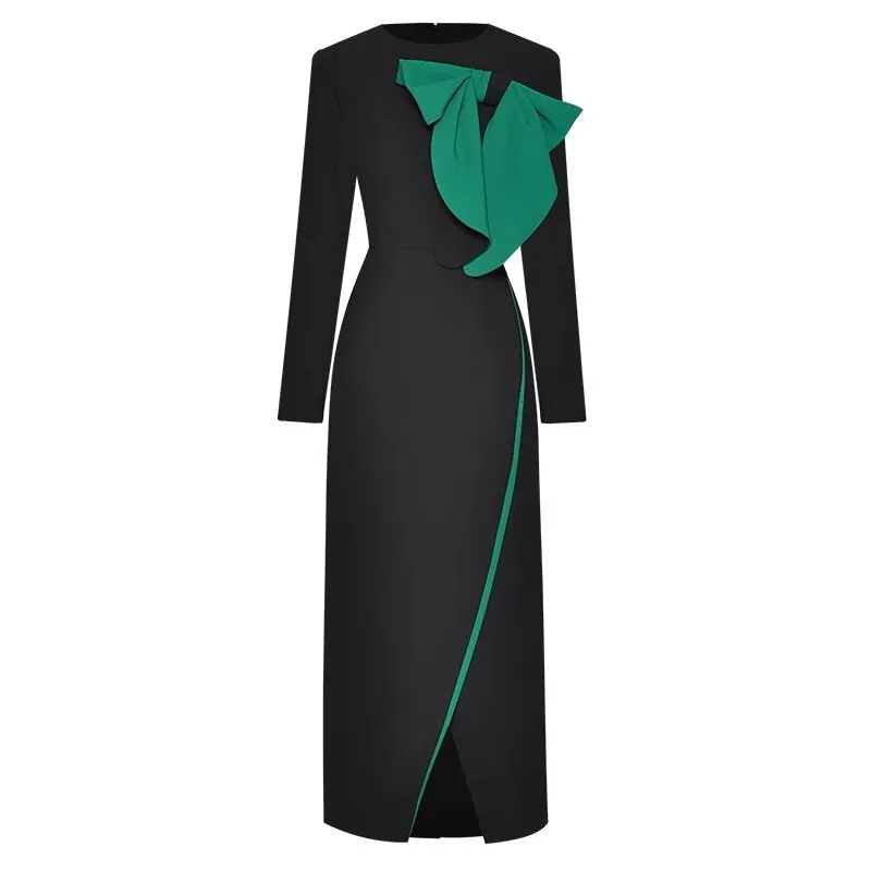 Anne Early Autumn Pencil  O-Neck  Long Sleeve Bow Office Lady Slit Package Buttocks Dress