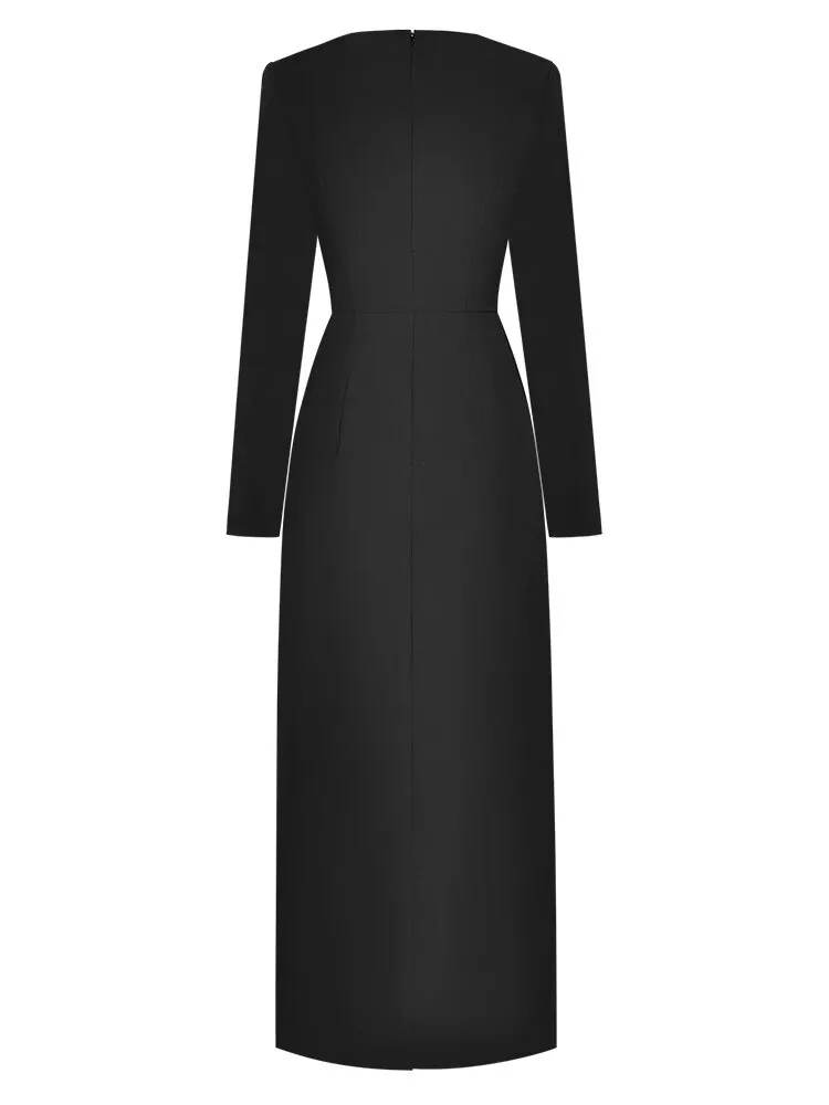 Anne Early Autumn Pencil  O-Neck  Long Sleeve Bow Office Lady Slit Package Buttocks Dress