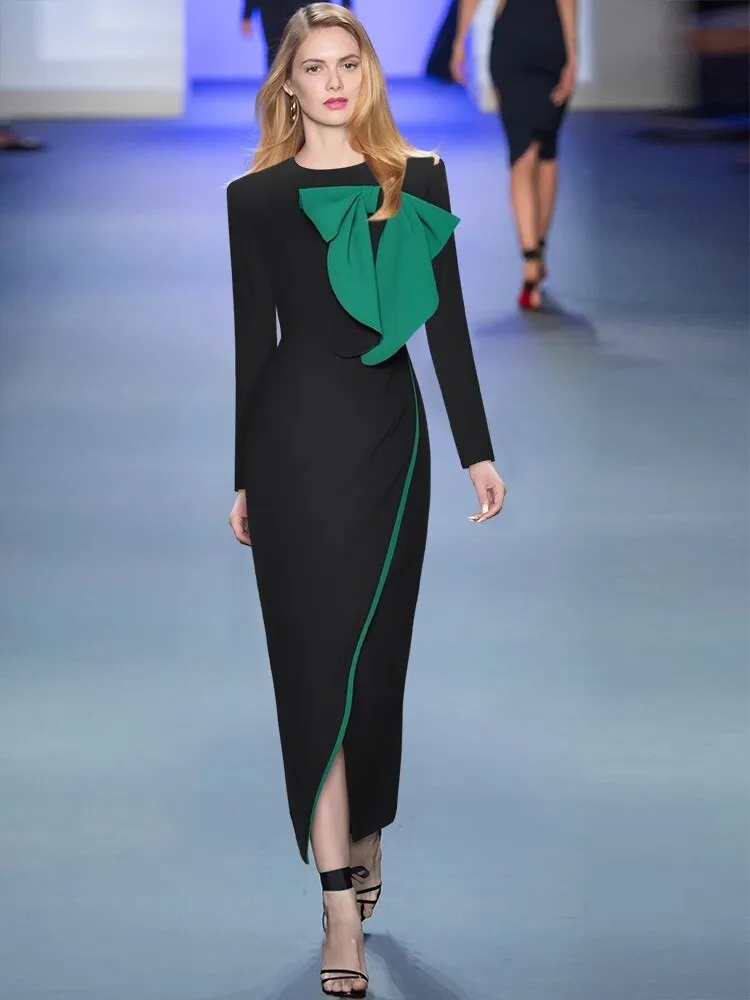 Anne Early Autumn Pencil  O-Neck  Long Sleeve Bow Office Lady Slit Package Buttocks Dress