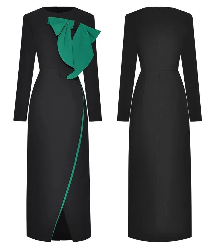 Anne Early Autumn Pencil  O-Neck  Long Sleeve Bow Office Lady Slit Package Buttocks Dress