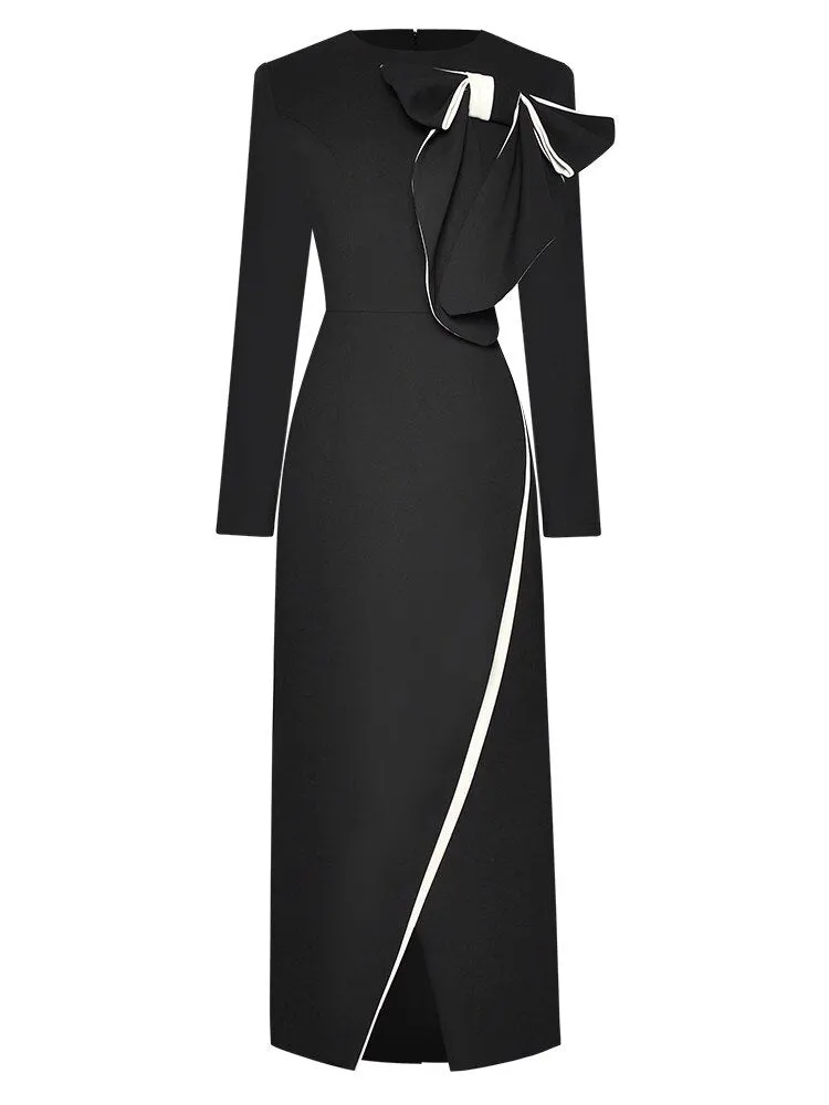 Anne Early Autumn Pencil  O-Neck  Long Sleeve Bow Office Lady Slit Package Buttocks Dress