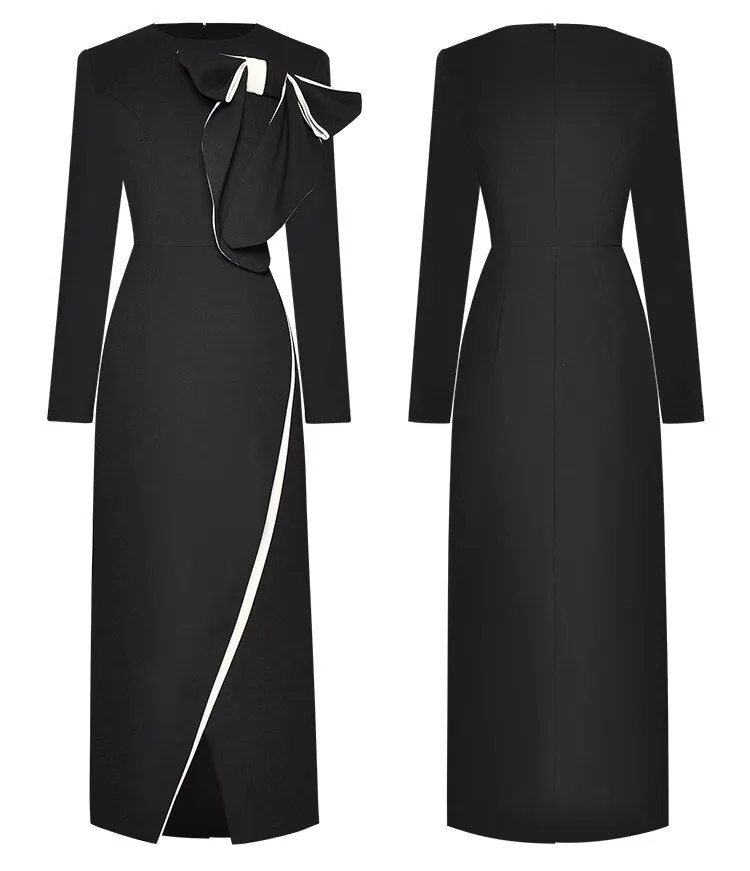 Anne Early Autumn Pencil  O-Neck  Long Sleeve Bow Office Lady Slit Package Buttocks Dress