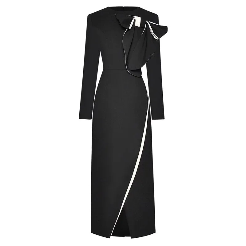 Anne Early Autumn Pencil  O-Neck  Long Sleeve Bow Office Lady Slit Package Buttocks Dress