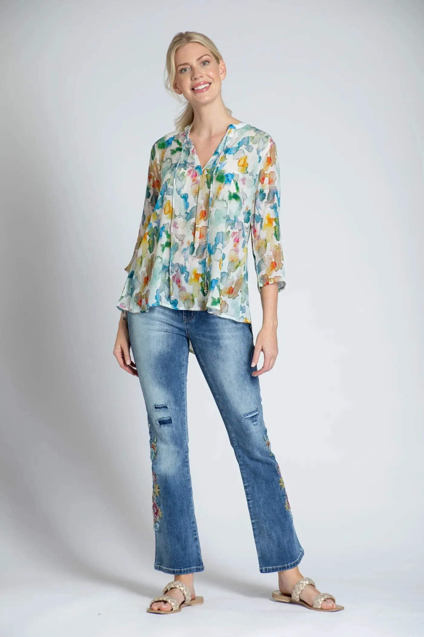 APNY Desert Dyes Watercolor Print V-Neck With Tassel