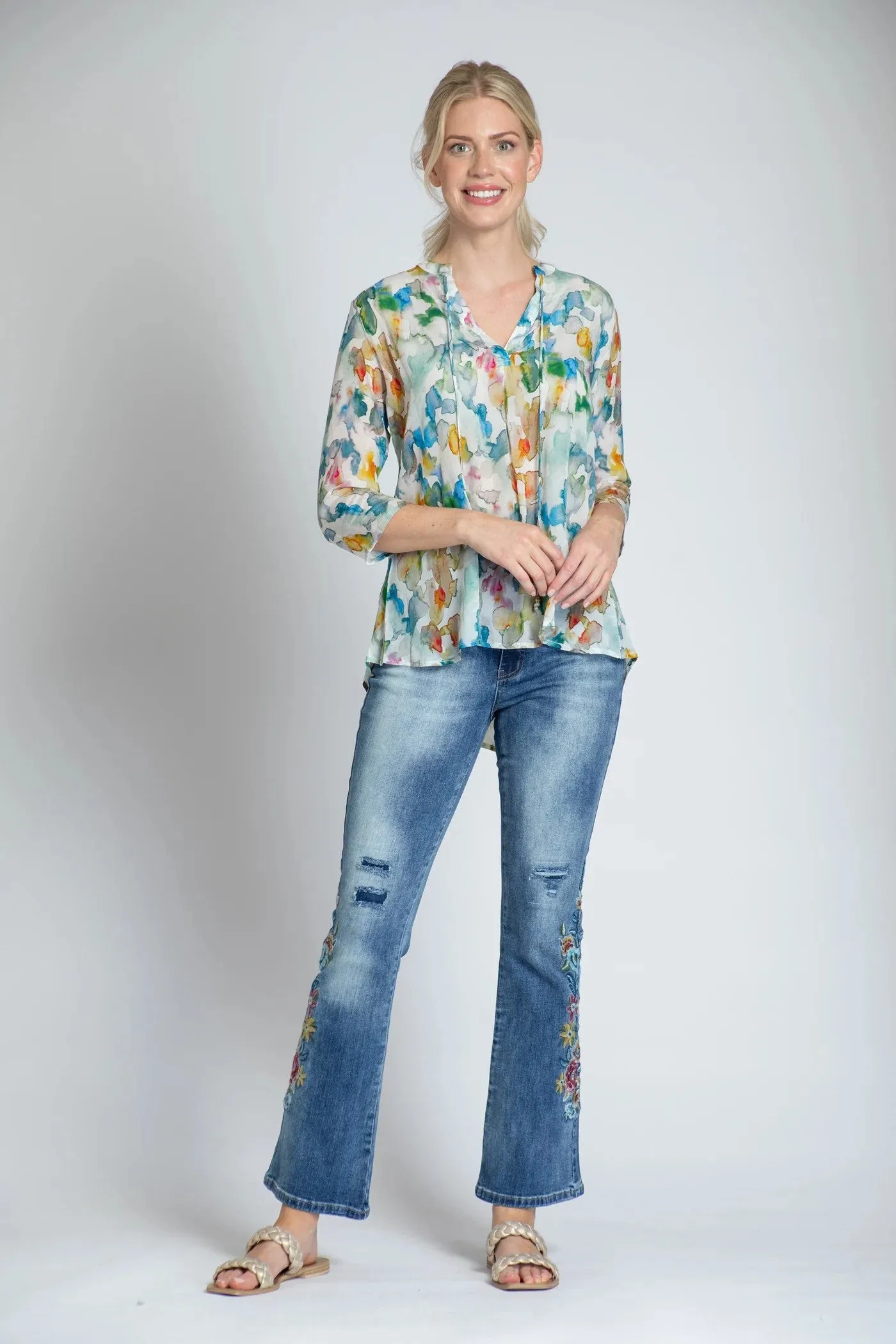 APNY Desert Dyes Watercolor Print V-Neck With Tassel