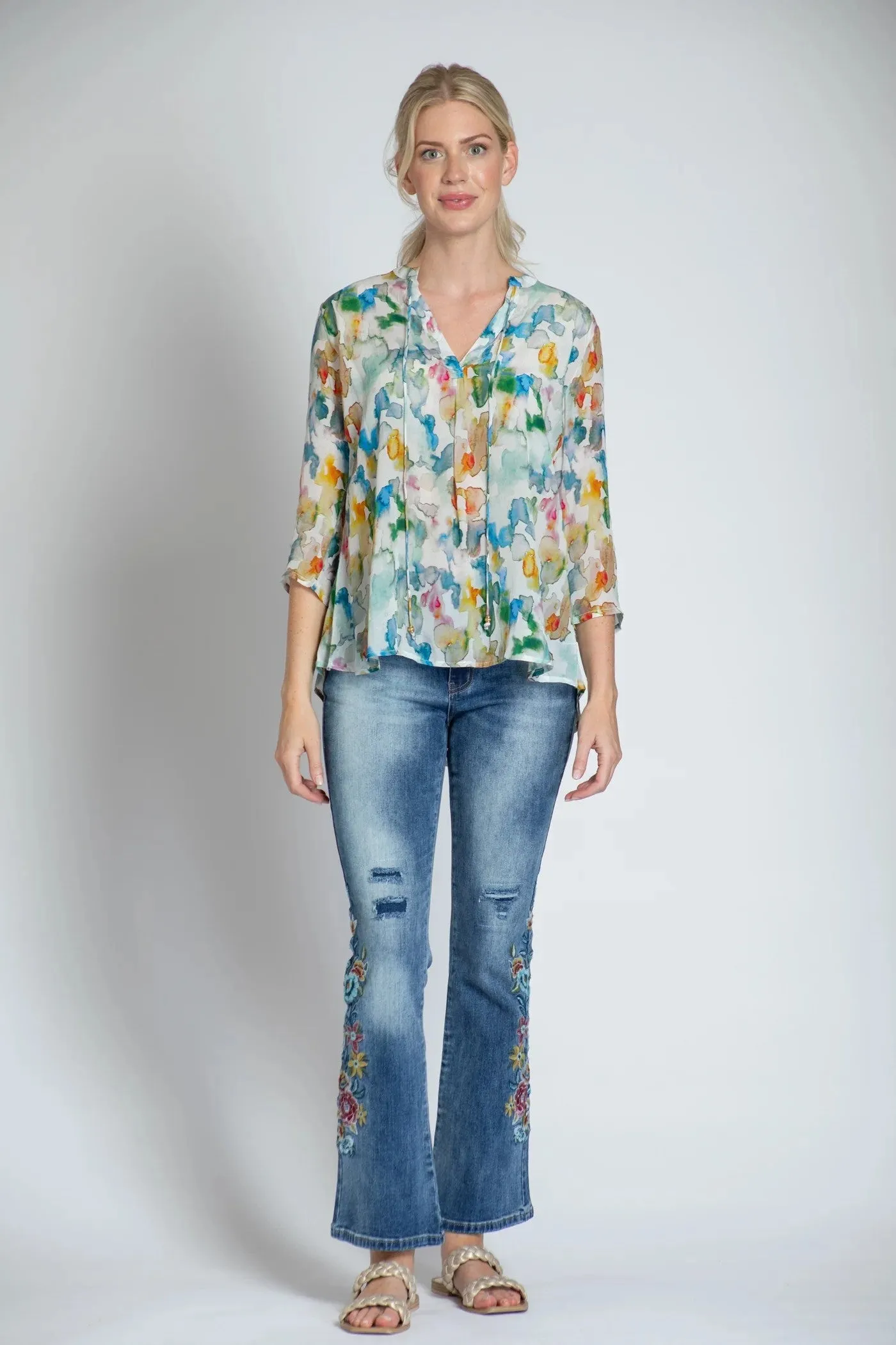 APNY Desert Dyes Watercolor Print V-Neck With Tassel