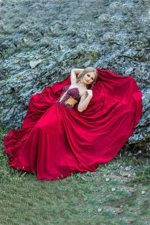 Appliques Beading Strapless Red A Line Chiffon See-through Fashion Prom Dresses OK672