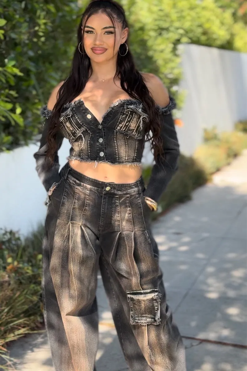 APS9365P - OFF SHOULDER DENIM JACKET & PANTS SET