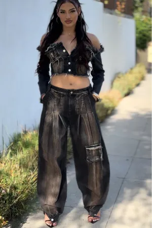 APS9365P - OFF SHOULDER DENIM JACKET & PANTS SET