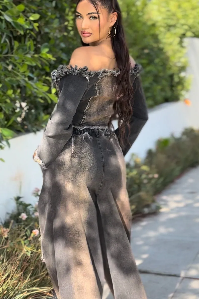 APS9365P - OFF SHOULDER DENIM JACKET & PANTS SET