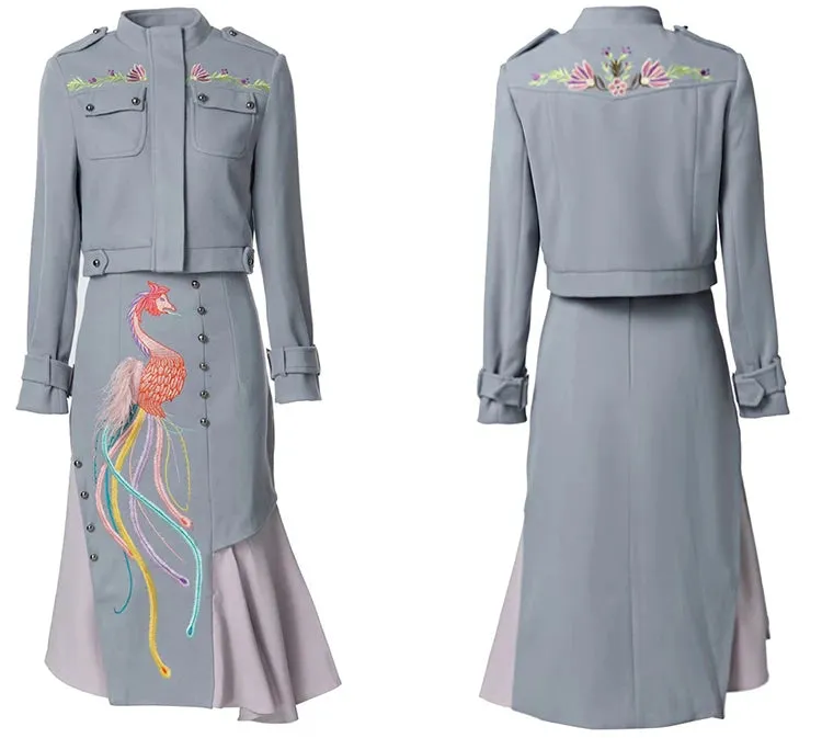 Aria Stand Collar Long Sleeve Jacket   Feathers Skirt Chinese Style Two Pieces Set