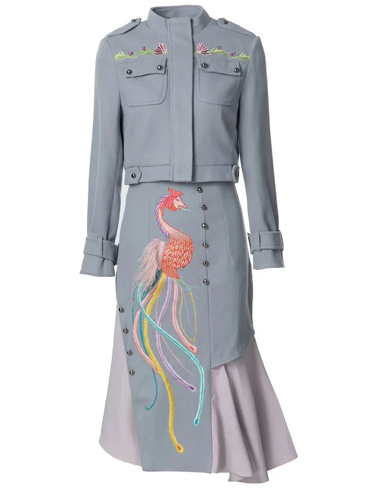 Aria Stand Collar Long Sleeve Jacket   Feathers Skirt Chinese Style Two Pieces Set