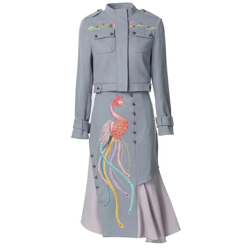 Aria Stand Collar Long Sleeve Jacket   Feathers Skirt Chinese Style Two Pieces Set
