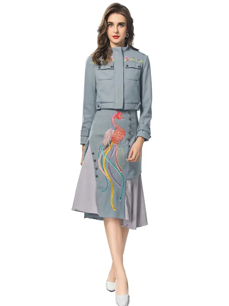 Aria Stand Collar Long Sleeve Jacket   Feathers Skirt Chinese Style Two Pieces Set