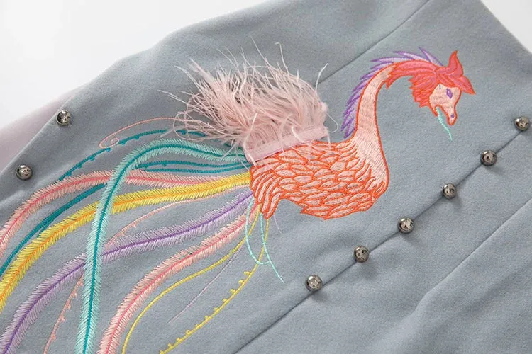 Aria Stand Collar Long Sleeve Jacket   Feathers Skirt Chinese Style Two Pieces Set