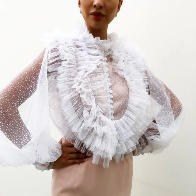 AW19 TULLE SHEER RUFFLES  BLOUSE