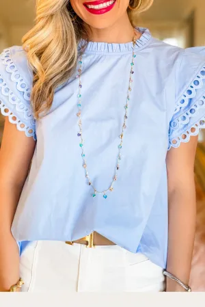 Beau Blue Layered Ric Rac Cap Sleeve Filled Neck Blouse