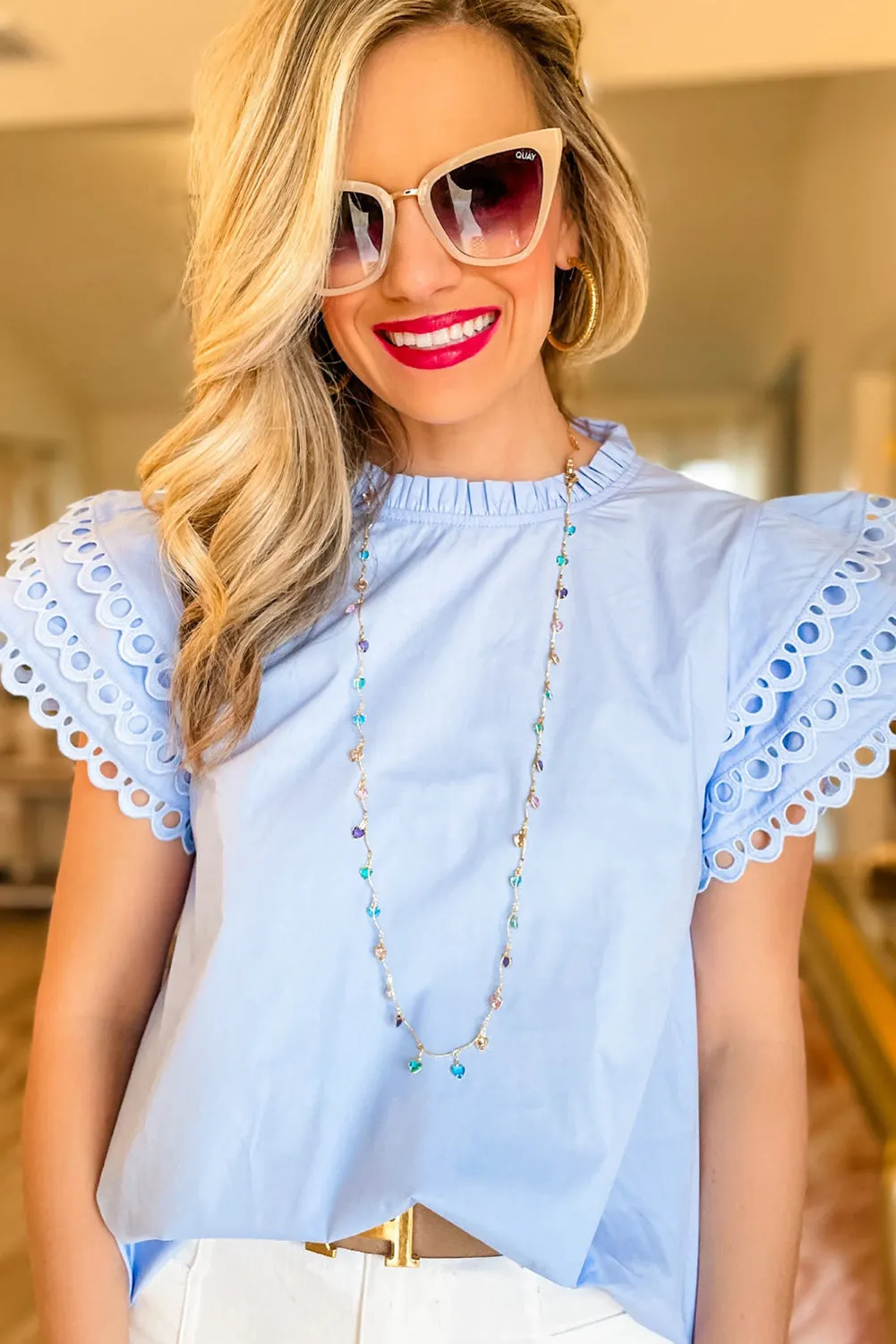 Beau Blue Layered Ric Rac Cap Sleeve Filled Neck Blouse