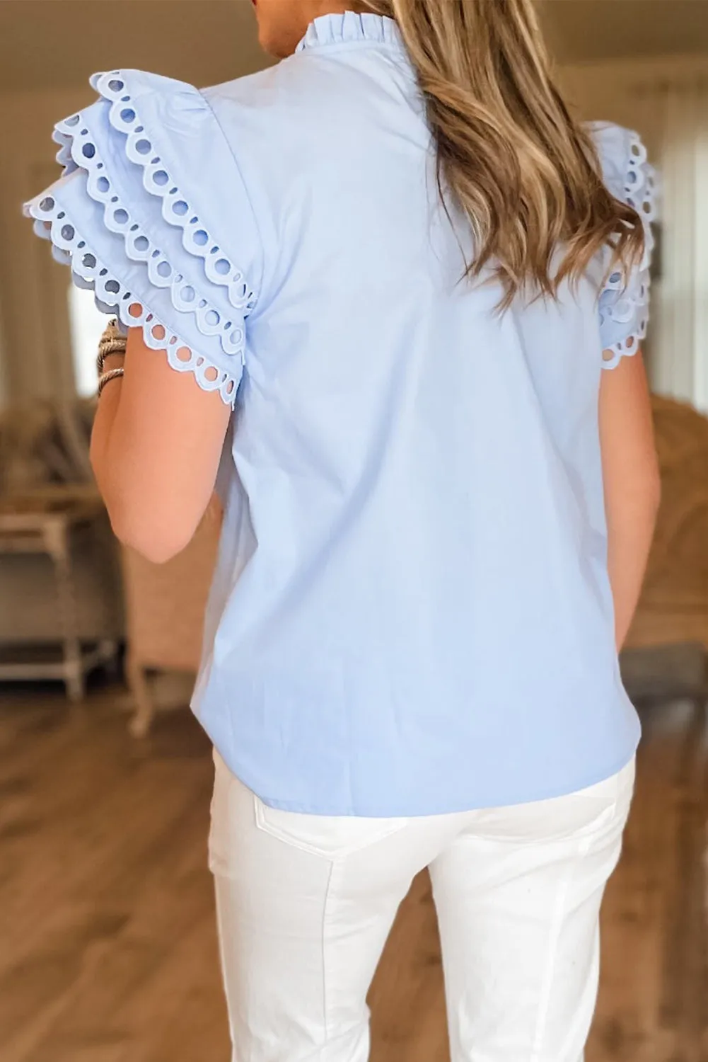 Beau Blue Layered Ric Rac Cap Sleeve Filled Neck Blouse