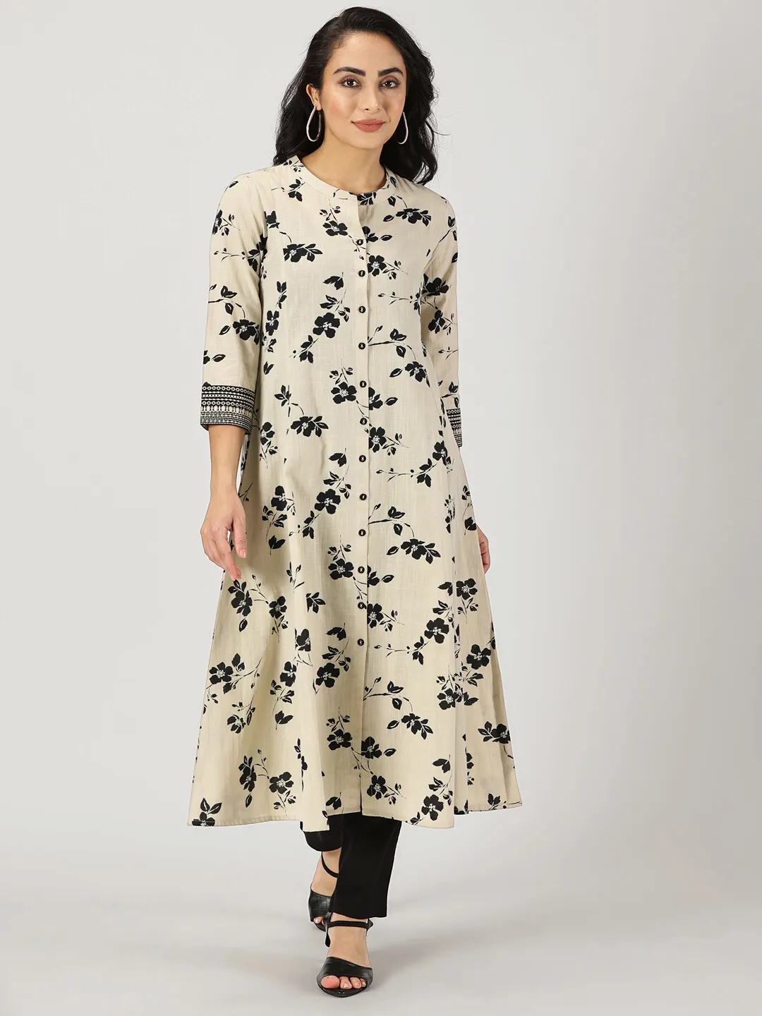 Beige Floral Button-Down Kurta with Embroidery Border