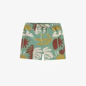 Bermuda de bain vert avec motifs de feuilles colorées, bébé || Green swim bermudas with colored leaf pattern, baby