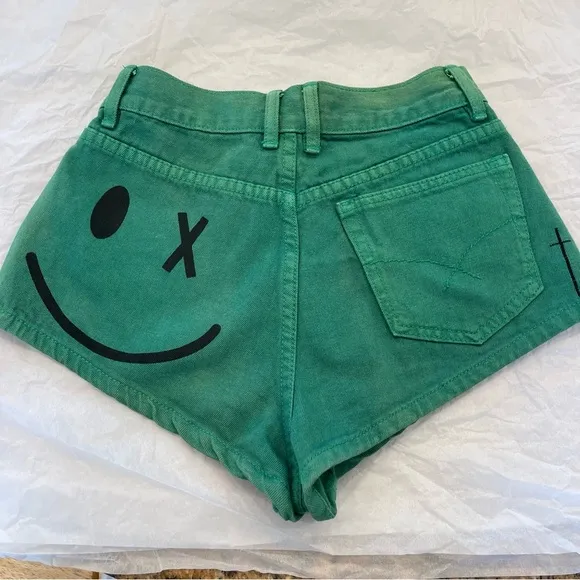 Bitching and junkfood green smiley hot denim short shorts high waisted smile