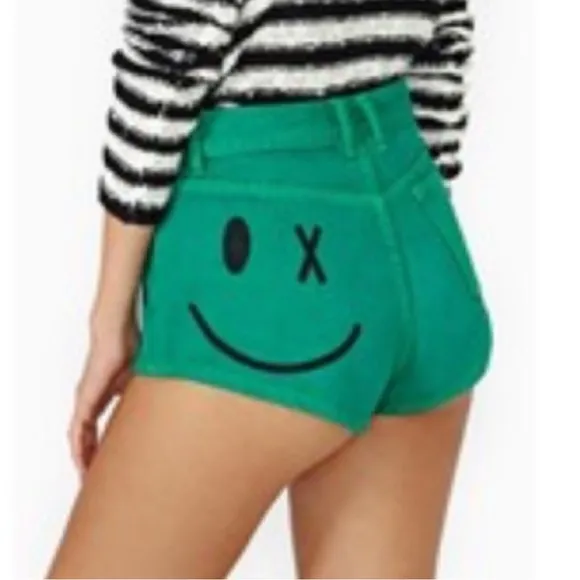 Bitching and junkfood green smiley hot denim short shorts high waisted smile