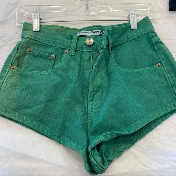 Bitching and junkfood green smiley hot denim short shorts high waisted smile