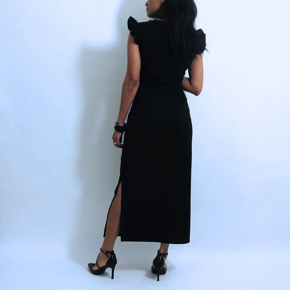 Black Cotton Side Slit Midi Pencil Skirt | ALPHONSINA