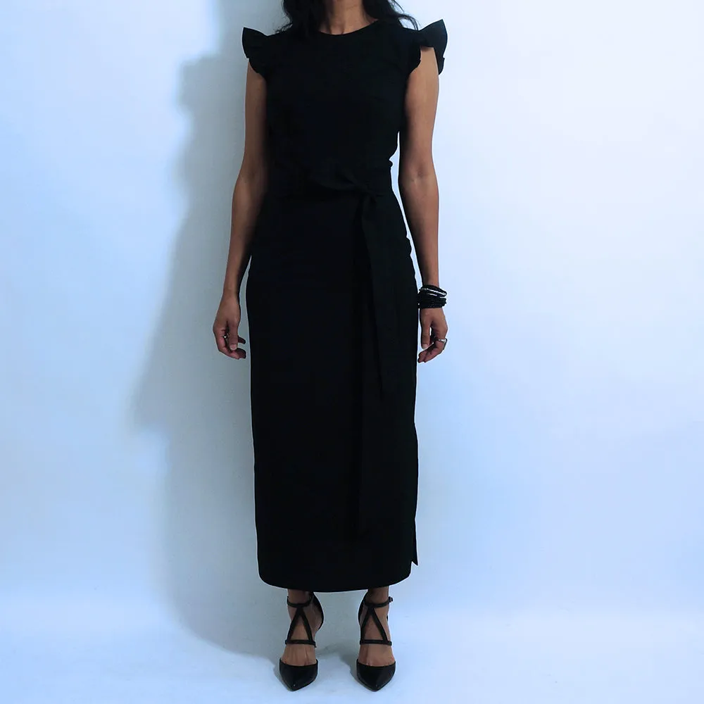 Black Cotton Side Slit Midi Pencil Skirt | ALPHONSINA