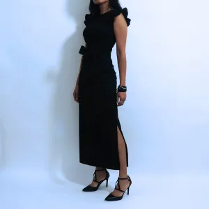 Black Cotton Side Slit Midi Pencil Skirt | ALPHONSINA
