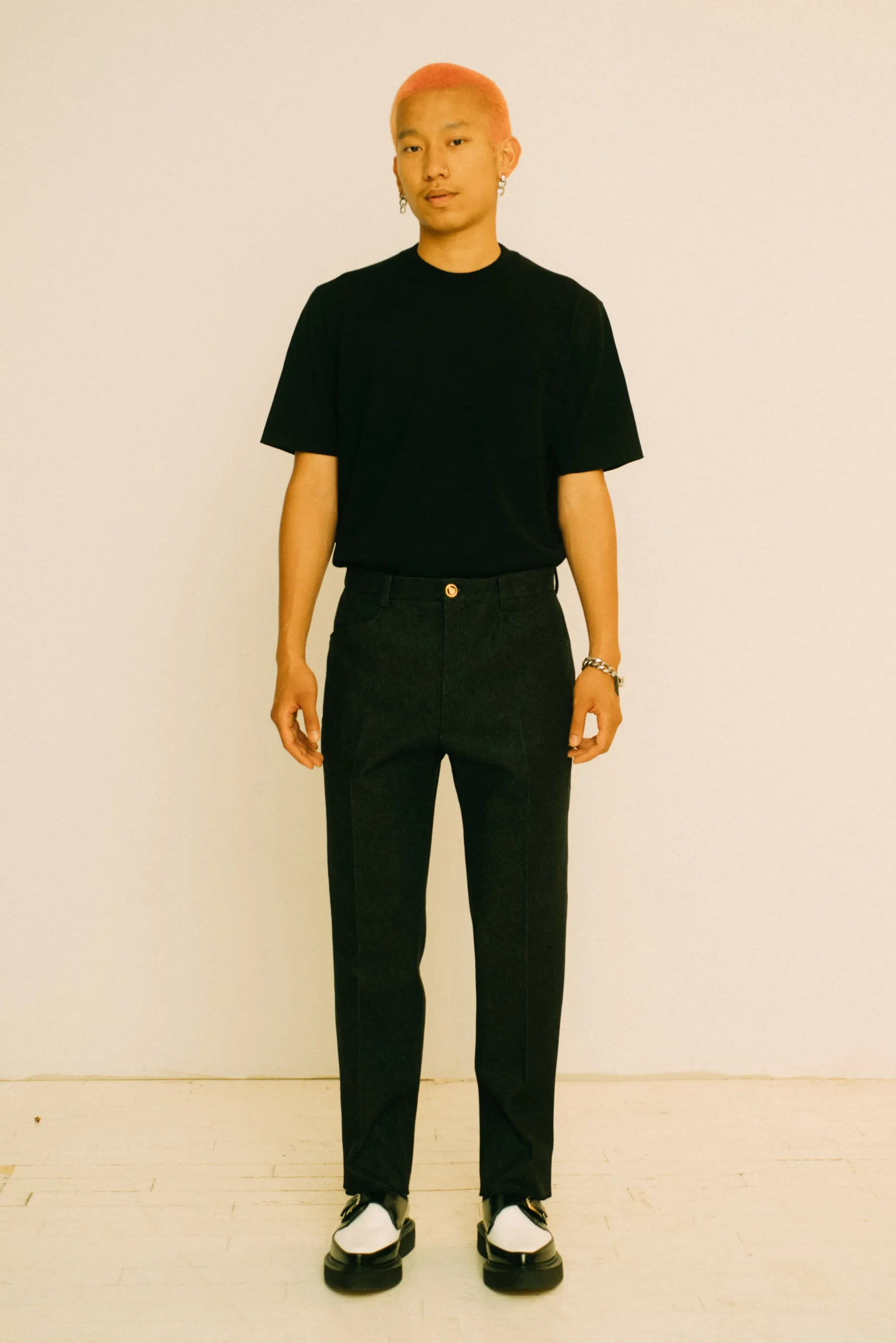 BLACK DENIM PANTS WITH GOLD BUTTONS