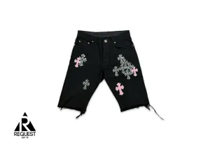 Black Fleur Denim Shorts "Pink & Checkered Crosses"