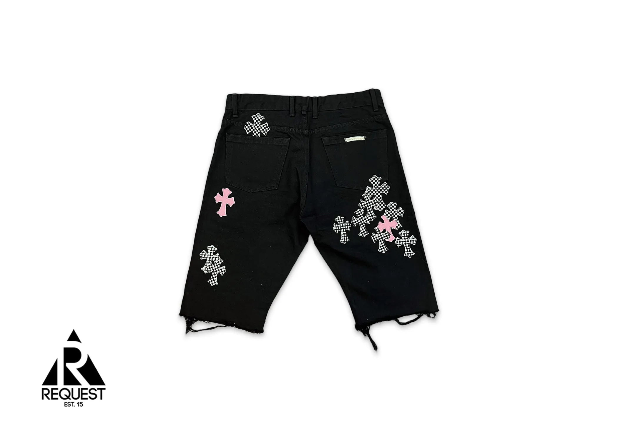 Black Fleur Denim Shorts "Pink & Checkered Crosses"
