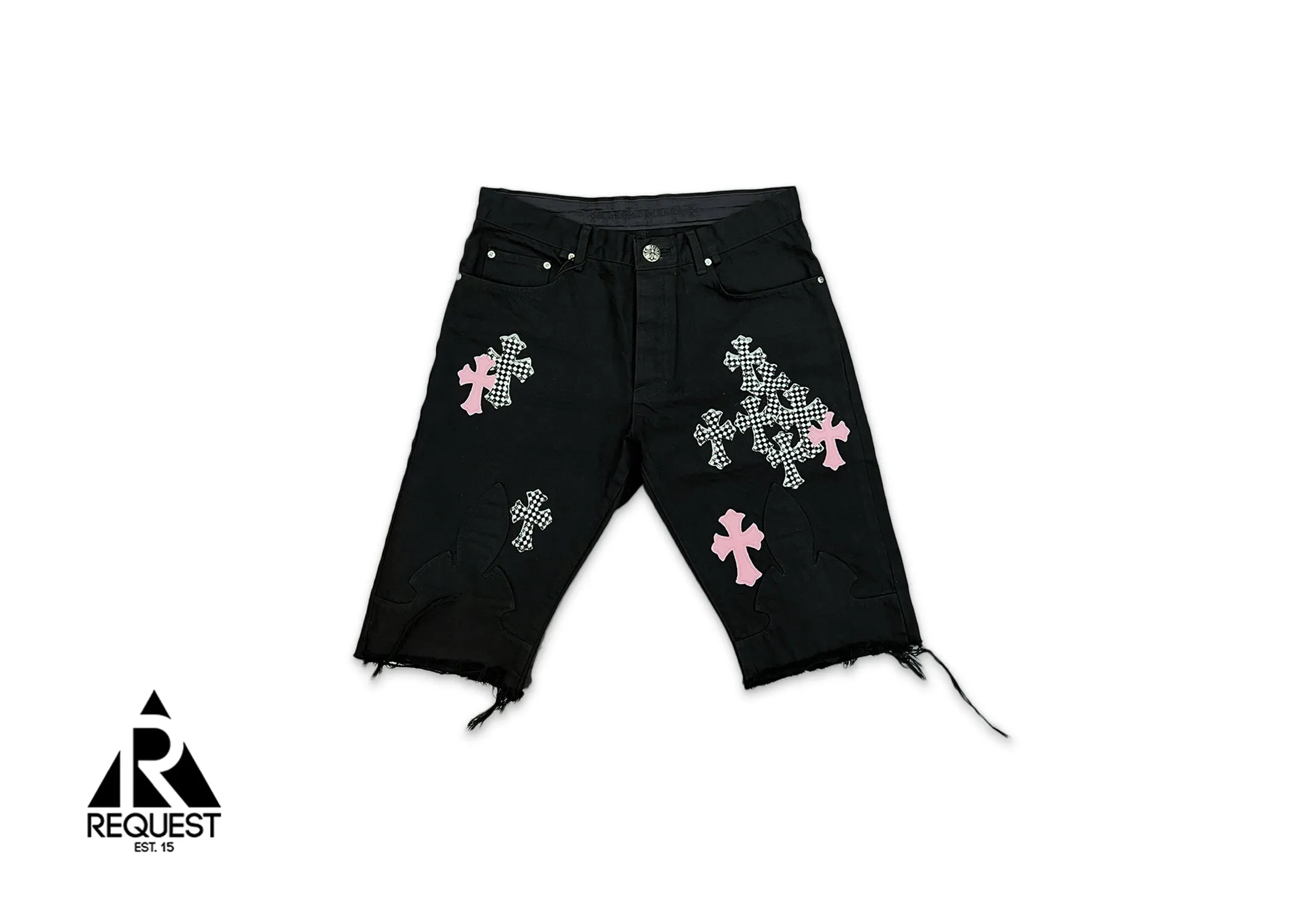 Black Fleur Denim Shorts "Pink & Checkered Crosses"