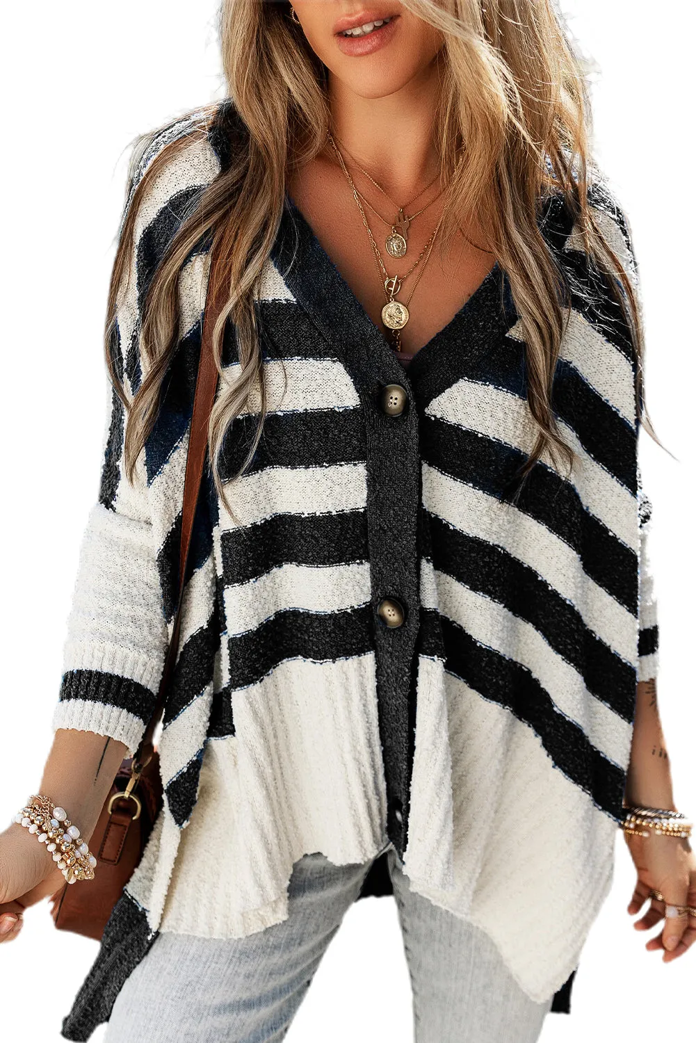 Black Stripe V Neck Buttoned High Low Sweater Cardigan