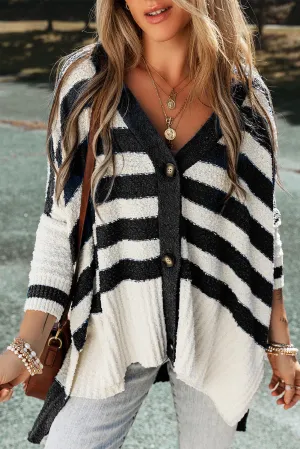 Black Stripe V Neck Buttoned High Low Sweater Cardigan