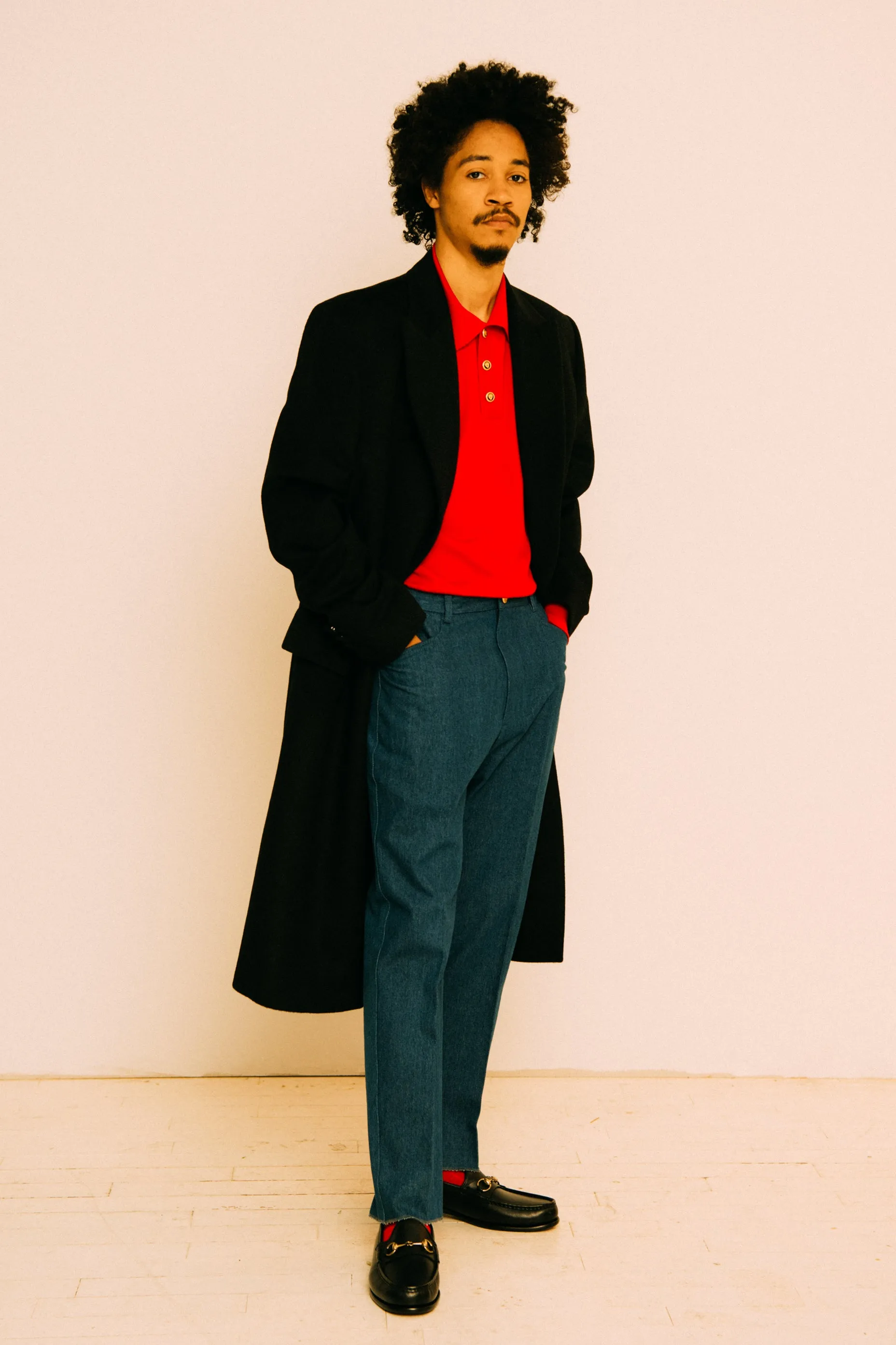 BLUE DENIM PANTS WITH GOLD BUTTONS
