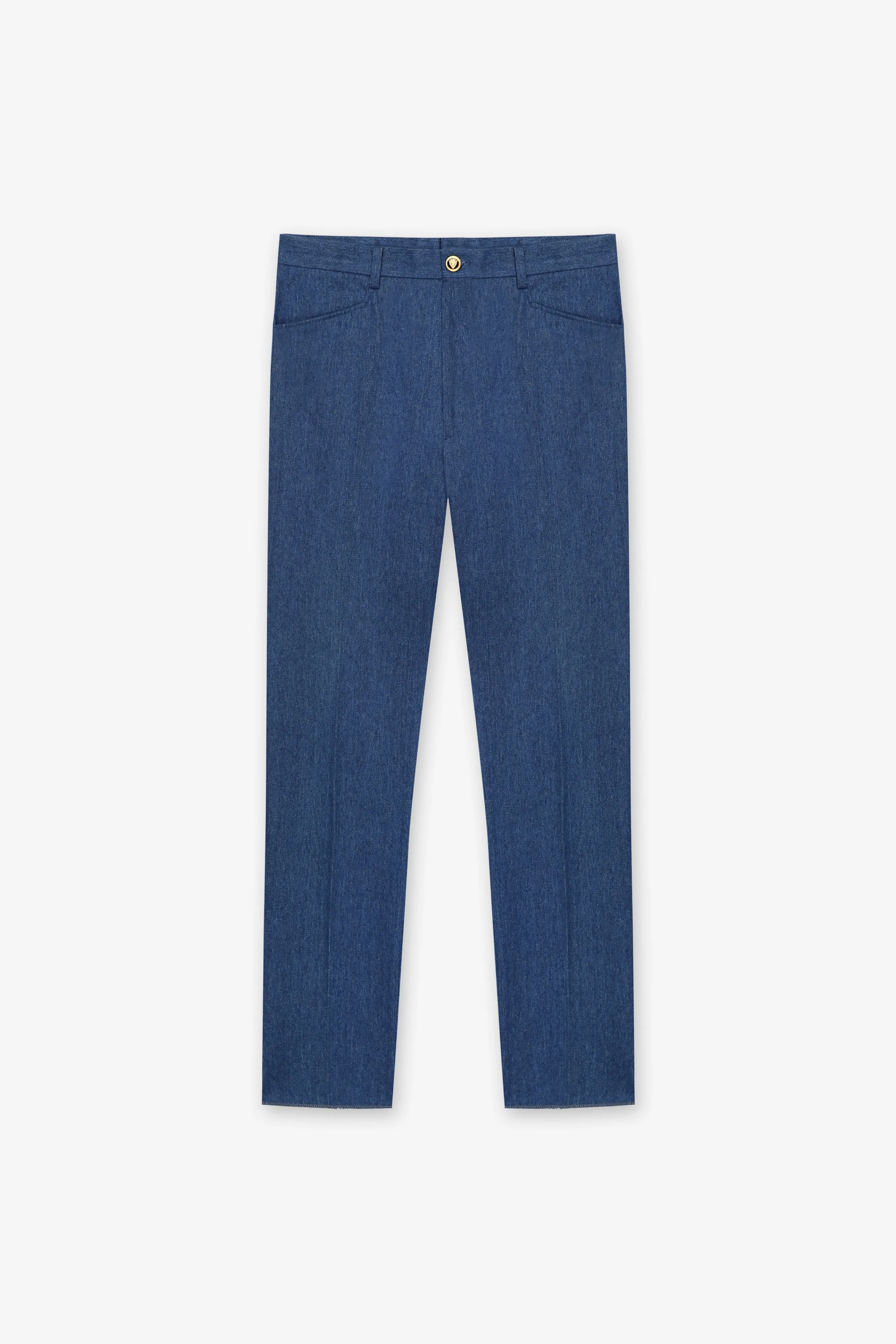 BLUE DENIM PANTS WITH GOLD BUTTONS