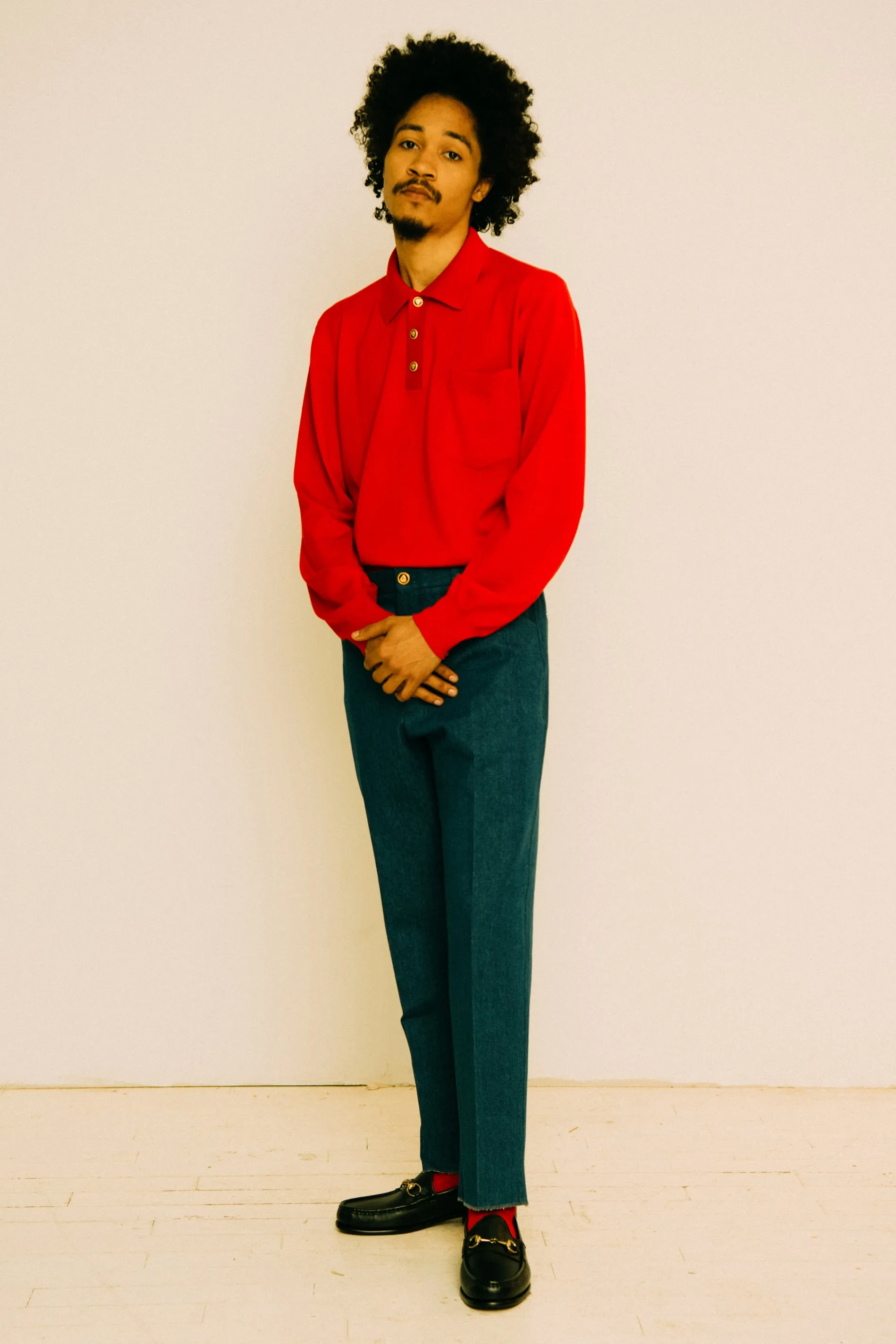 BLUE DENIM PANTS WITH GOLD BUTTONS