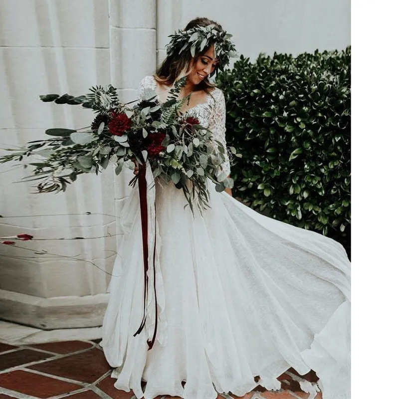 Boho Beach Bride Wedding Dress Two Pieces Features 3/4 Length Sleeves Made With Chiffon And Lace
