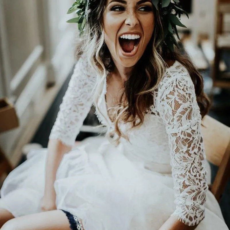 Boho Beach Bride Wedding Dress Two Pieces Features 3/4 Length Sleeves Made With Chiffon And Lace