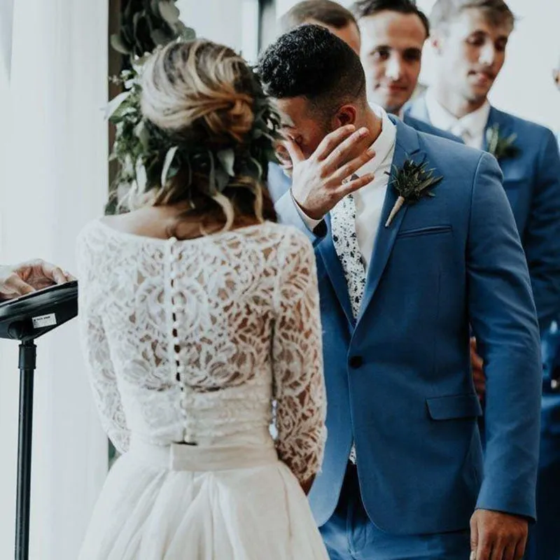 Boho Beach Bride Wedding Dress Two Pieces Features 3/4 Length Sleeves Made With Chiffon And Lace