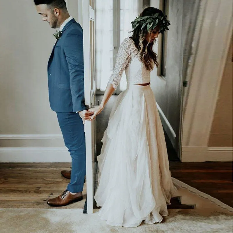 Boho Beach Bride Wedding Dress Two Pieces Features 3/4 Length Sleeves Made With Chiffon And Lace