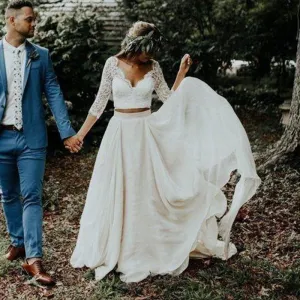 Boho Beach Bride Wedding Dress Two Pieces Features 3/4 Length Sleeves Made With Chiffon And Lace